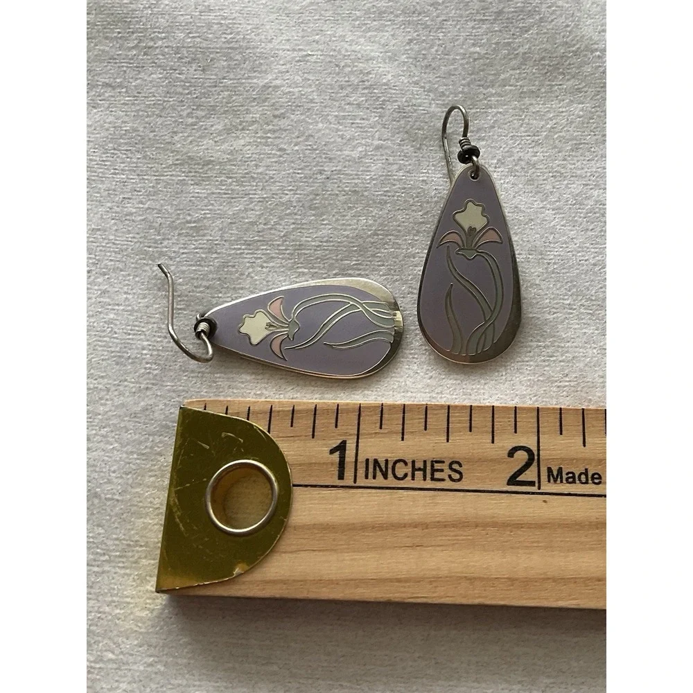 vintage Laurel Burch Wild Iris earrings Dangle Teardrop Purple Enamel